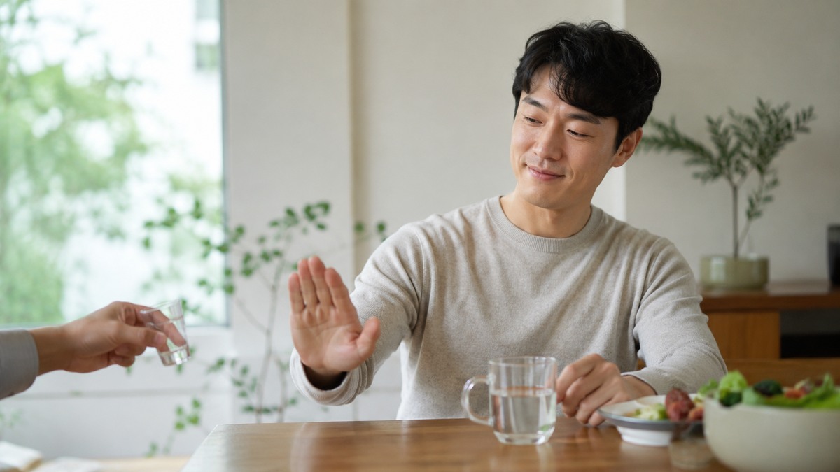 술 대신 물을 선택하며 금주 생활을 실천하는 장면