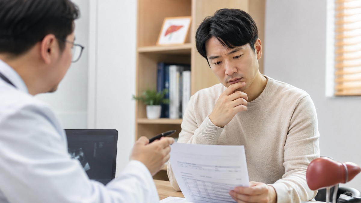 간 기능 검사 전에 최근 음주 여부와 결과를 확인하는 상담 장면