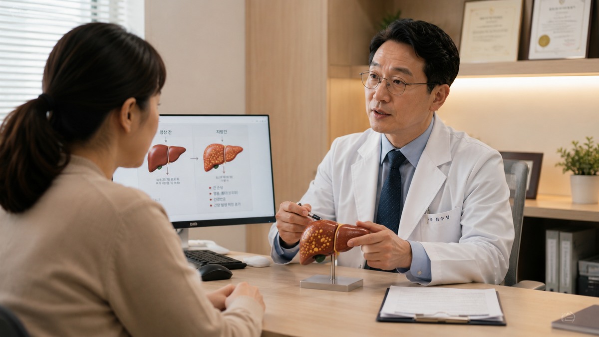 의사가 지방간의 진행과 관리 필요성을 환자에게 설명하는 장면