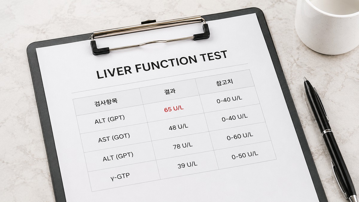 감마GTP와 AST ALT가 함께 표시된 간 기능 검사 결과지