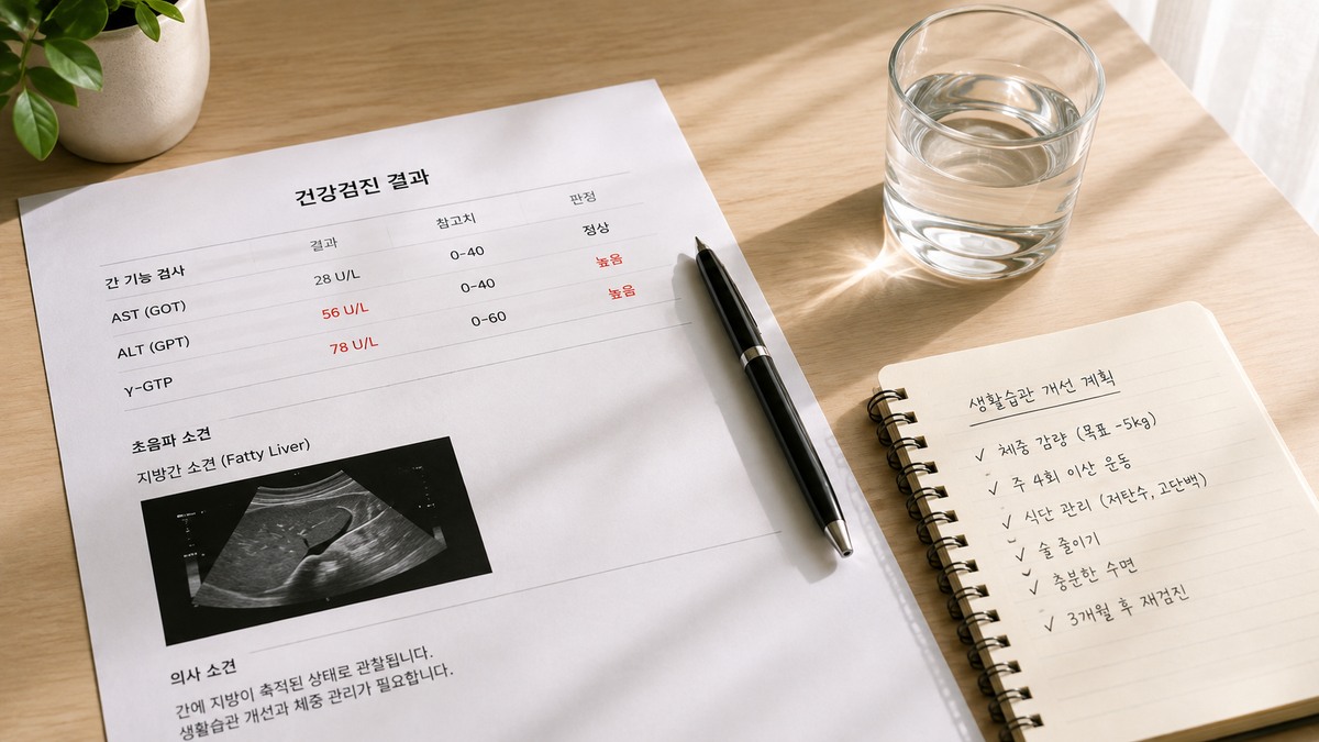 간 기능 검사 결과와 생활습관 관리 계획을 함께 확인하는 장면