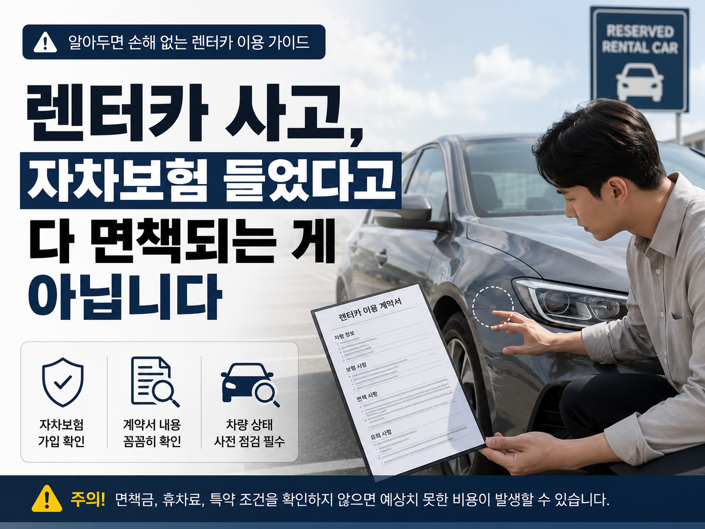 렌터카 계약서와 차량 외관을 함께 확인하는 모습