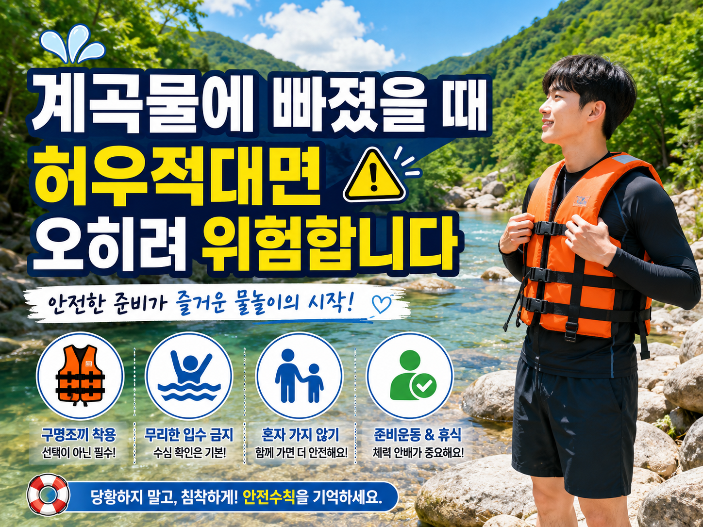 계곡에서 구명조끼를 착용하고 물놀이를 준비하는 모습