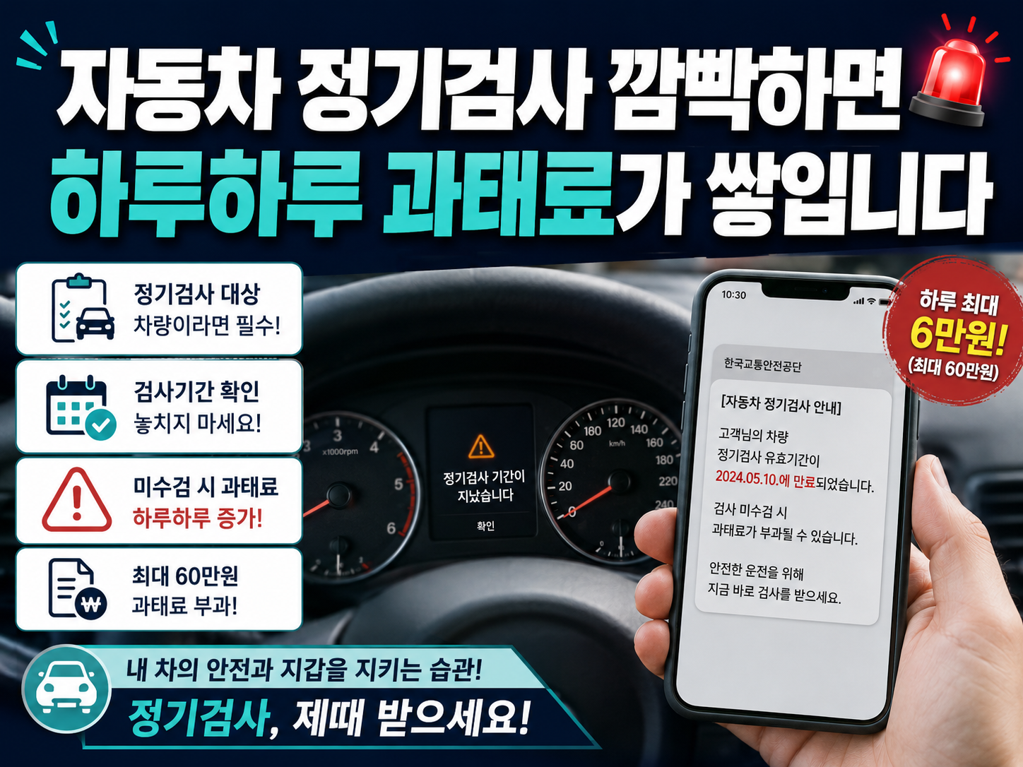 자동차 계기판과 검사 안내 문자를 확인하는 모습