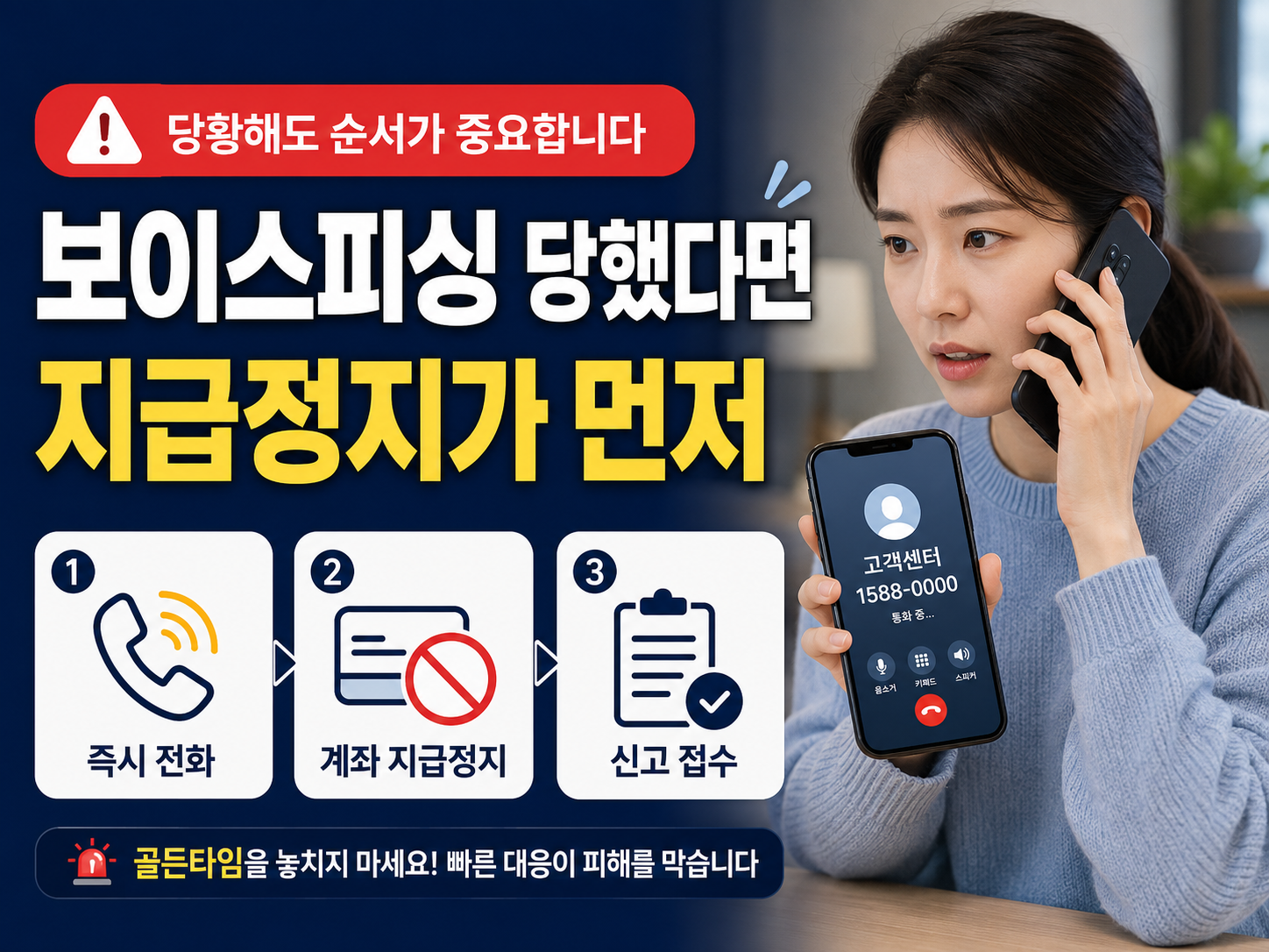 스마트폰으로 은행 고객센터에 급하게 전화하는 모습