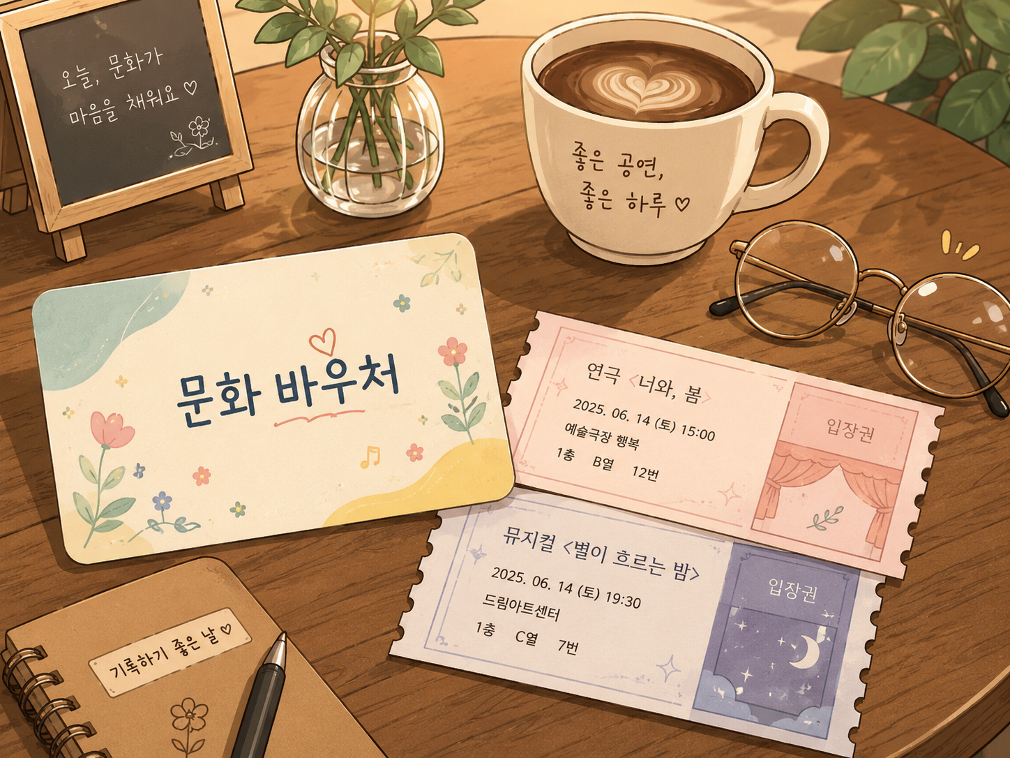 문화 바우처 카드와 공연 티켓을 함께 보는 모습