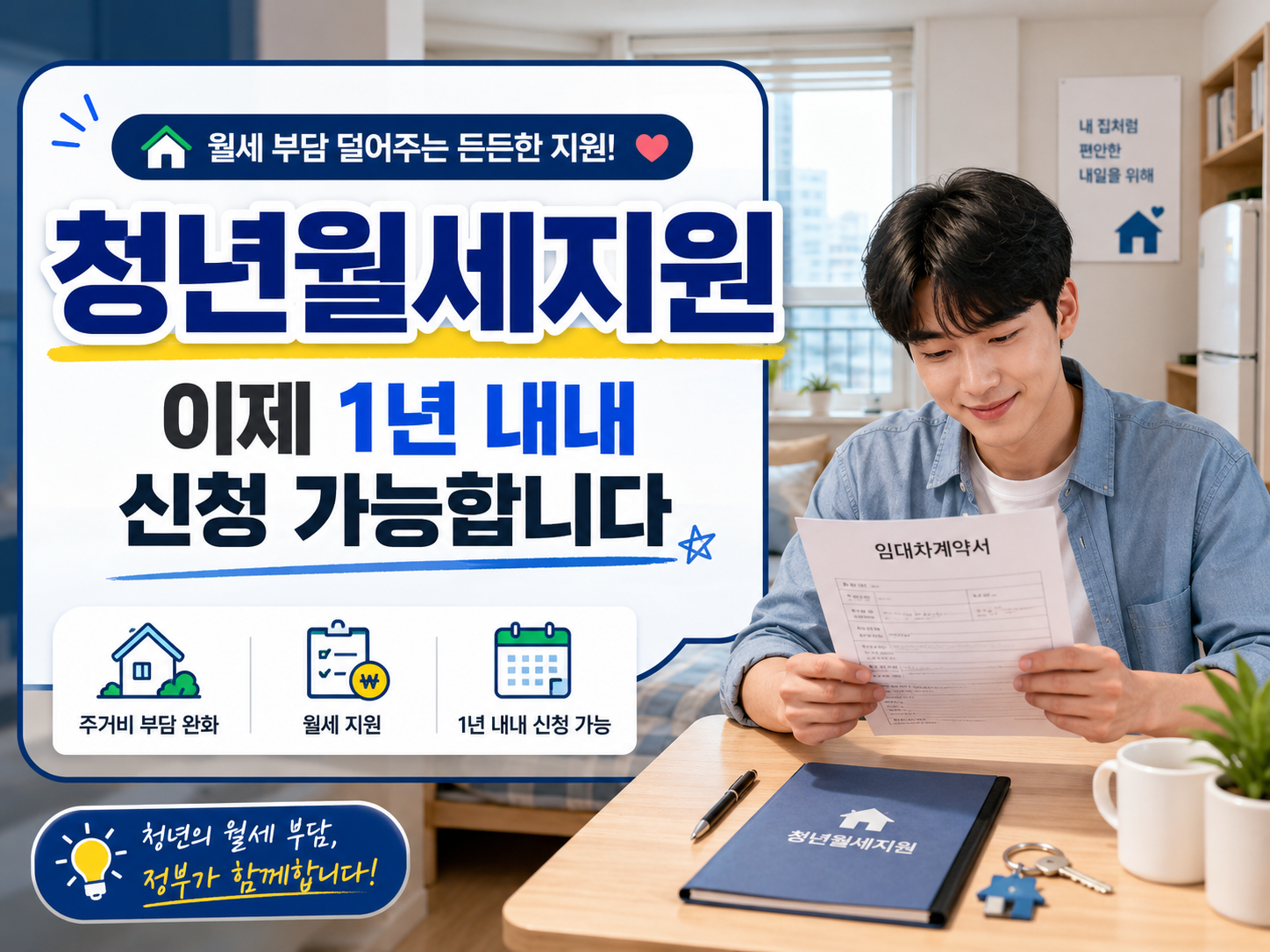 원룸에서 임대차계약서를 확인하는 청년의 모습
