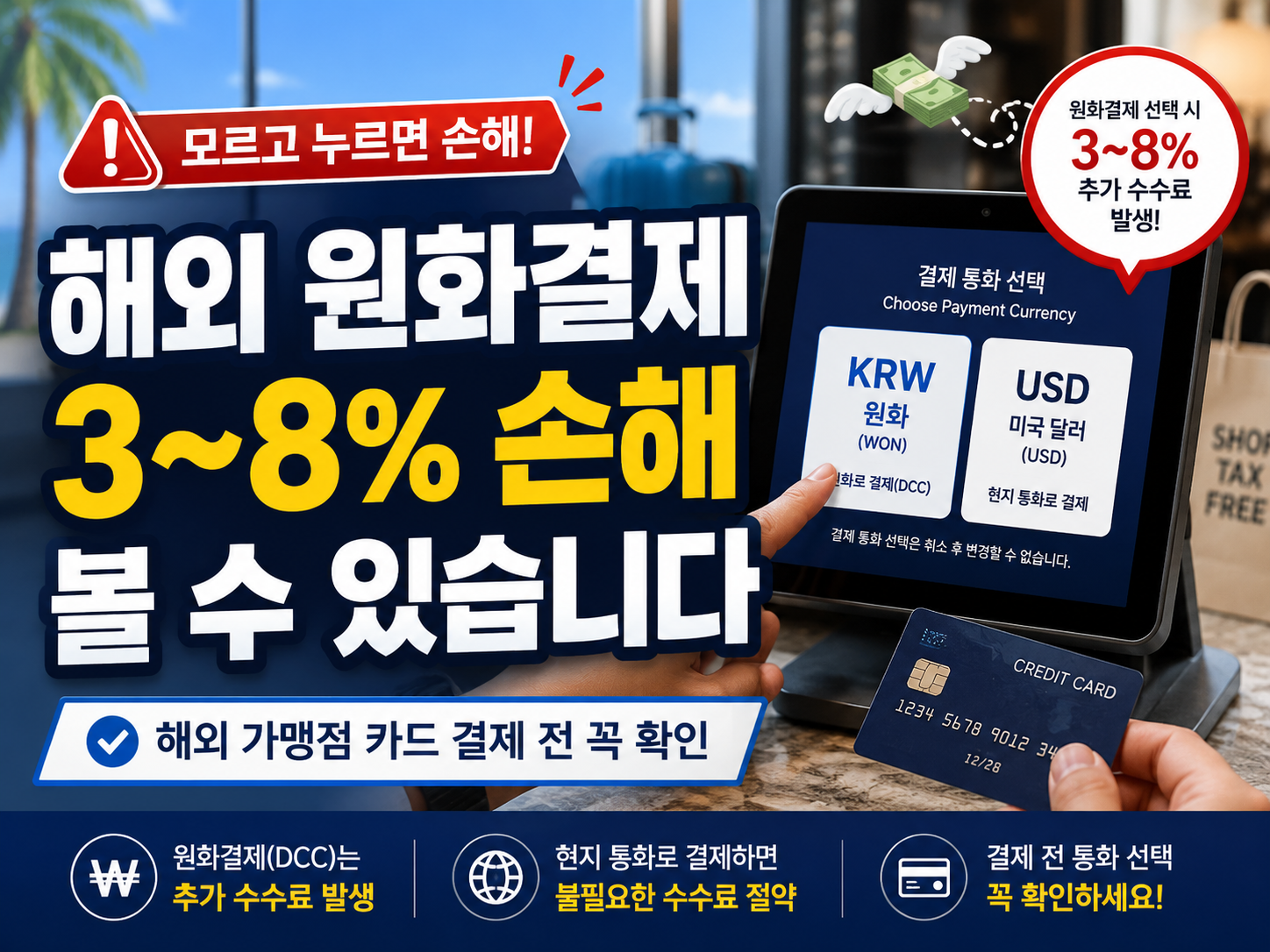 해외 가맹점에서 카드 결제 화면을 확인하는 손