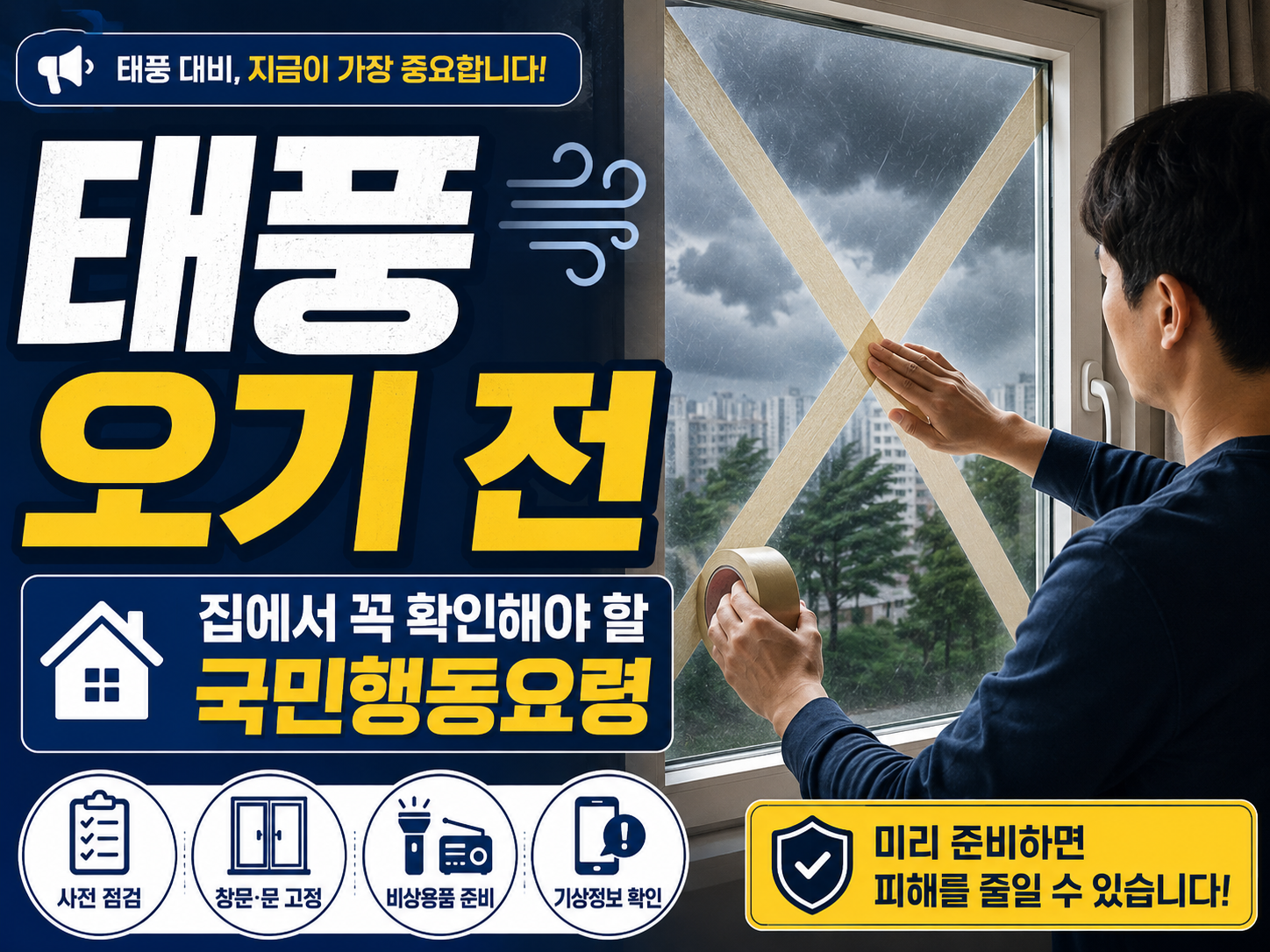 창문에 테이프를 붙이며 태풍을 대비하는 모습