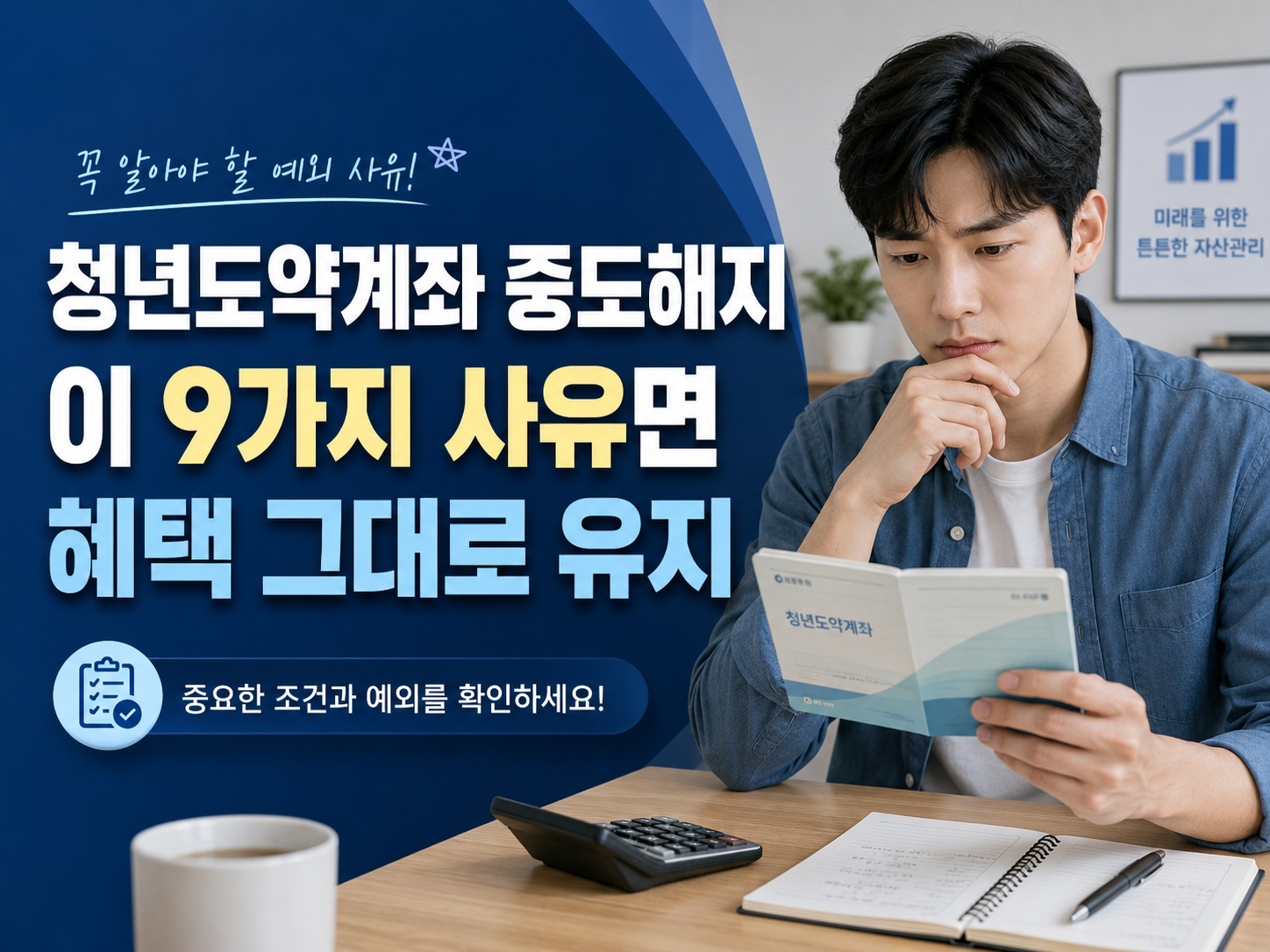 통장과 계산기를 앞에 두고 고민하는 모습