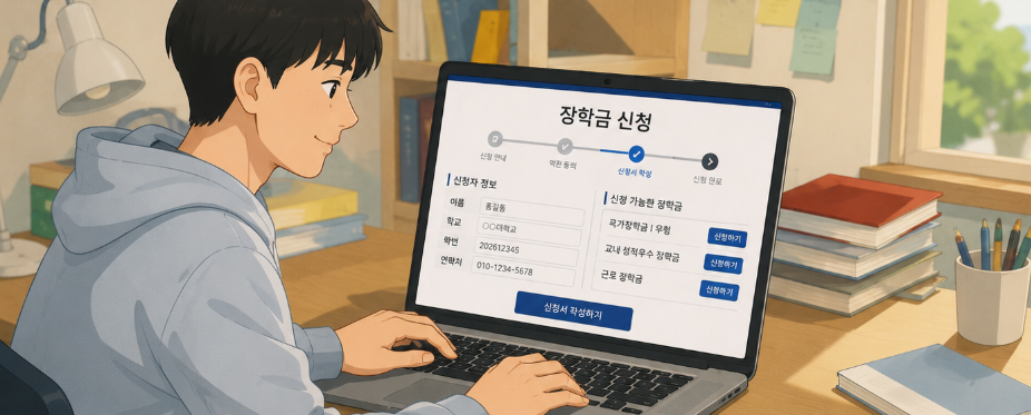 대학생이 노트북으로 장학금 신청 화면을 확인하는 모습
