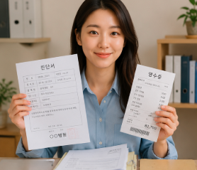 병원 진단서와 영수증을 정리하는 모습