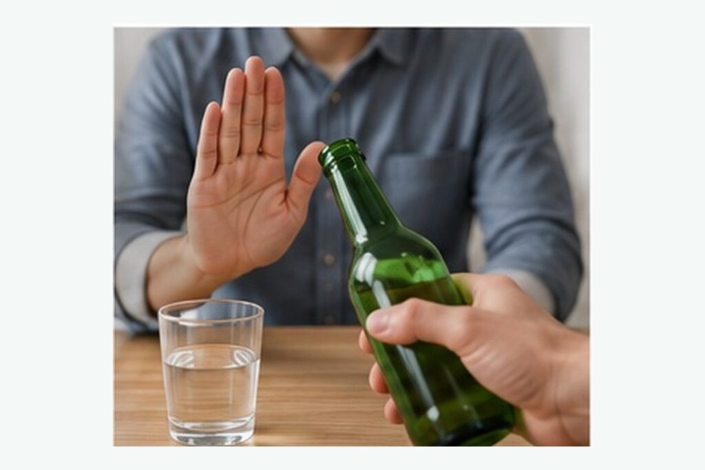 술병을 멀리하고 물을 마시는 금주 생활 장면