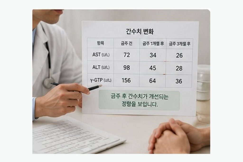 금주 후 간수치 변화를 진료실에서 확인하는 장면