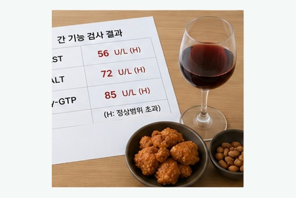 술잔과 간 기능 검사 결과지를 함께 놓고 확인하는 장면