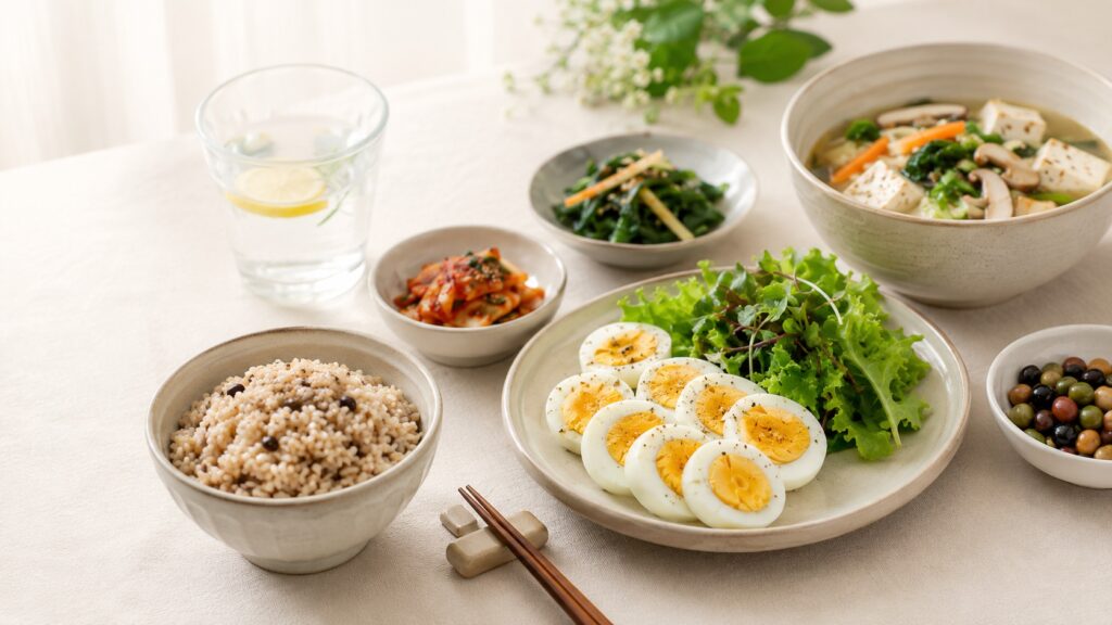 삶은 계란과 채소로 구성한 간단한 아침 식사