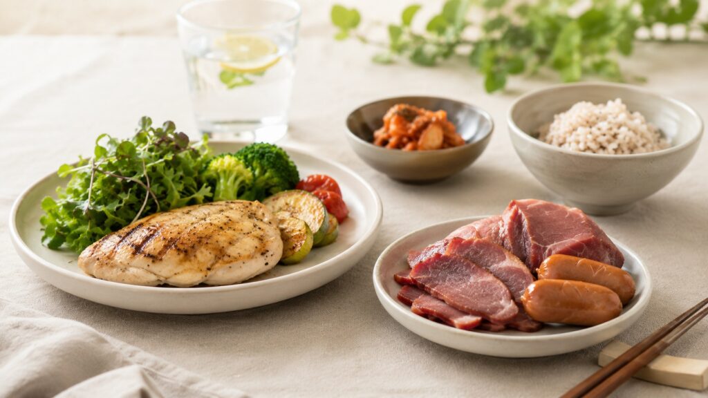 계란을 포함한 식단의 전체 구성을 확인하는 장면