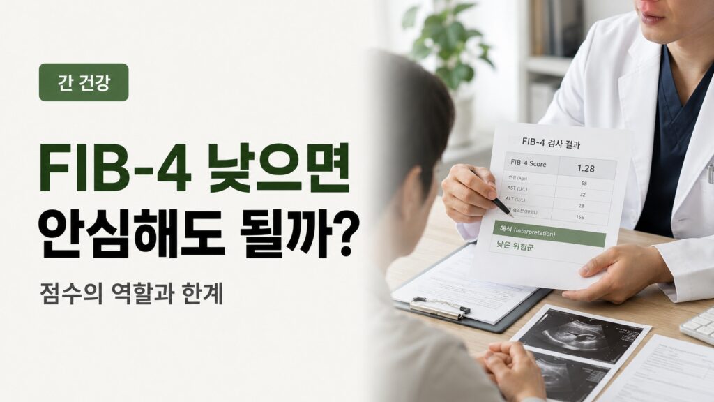 AST·ALT와 혈소판 수치를 바탕으로 FIB-4와 다음 검사를 상담하는 장면