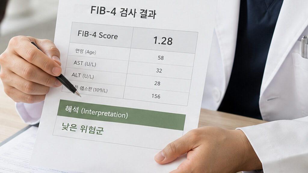 검사 결과를 보며 간수치와 추가 섬유화 평가를 설명하는 진료 장면