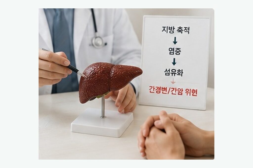 지방 축적과 섬유화 위험을 설명하는 간 모형과 상담 장면