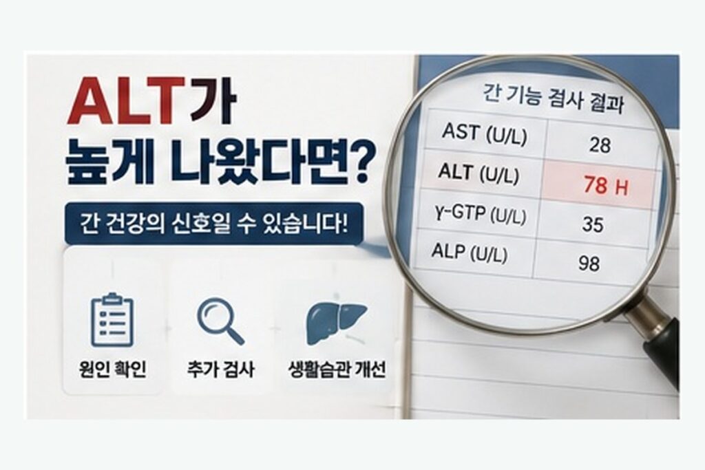 ALT와 AST 항목이 표시된 간 기능 검사 결과지