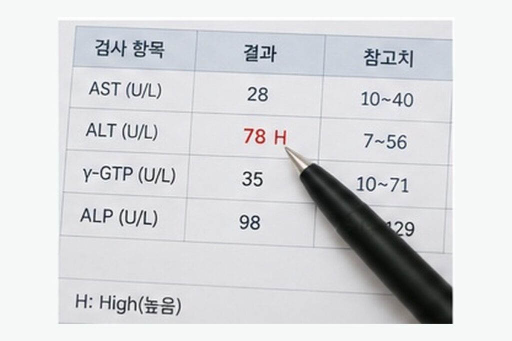 간 기능 검사 결과에서 ALT 수치를 확인하는 의료진의 손