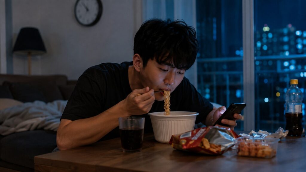 저녁 식사를 일찍 마치고 물을 마시는 생활습관 장면