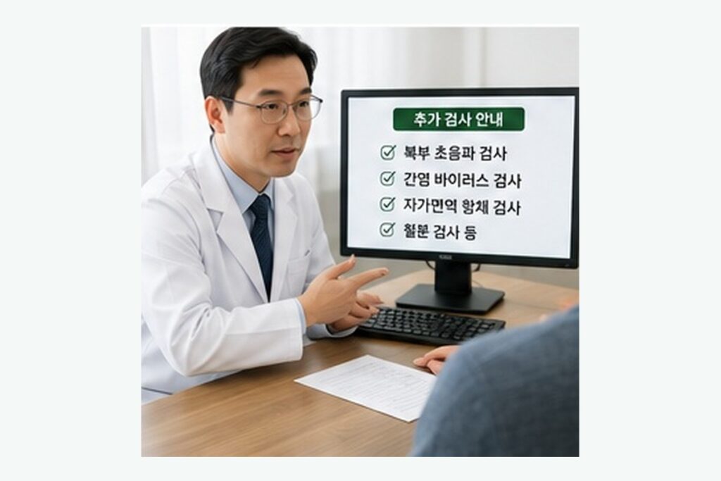 혈액검사 결과를 보며 추가 검사를 상담하는 의사와 환자