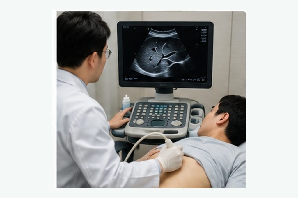 복부 초음파 검사를 통해 간 상태를 확인하는 장면