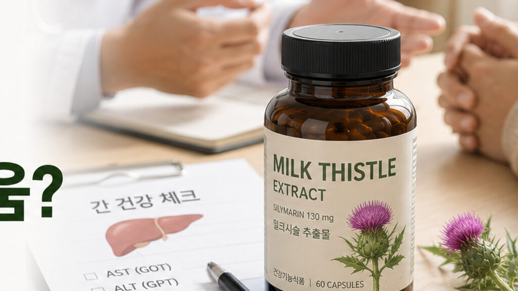 복부 초음파 결과와 밀크시슬 제품을 함께 확인하는 장면