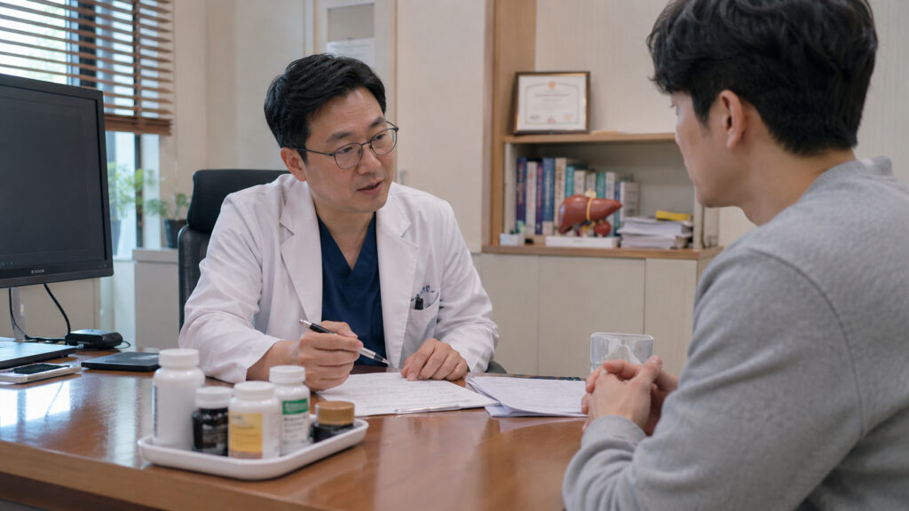 지방간 관리에서 식사와 운동을 함께 설명하는 진료 장면