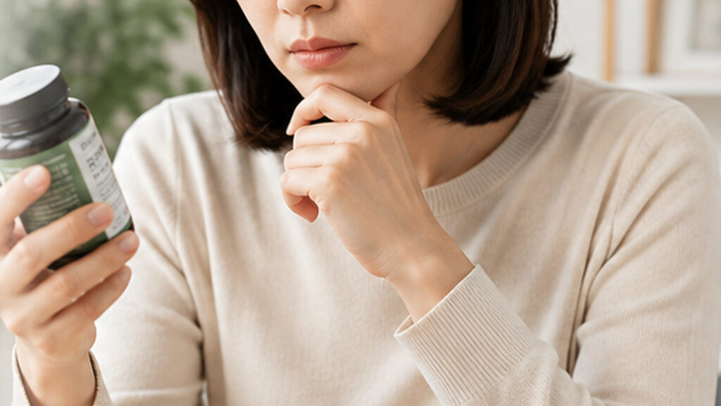여러 밀크시슬 제품의 표시사항과 중복 성분을 비교하는 장면