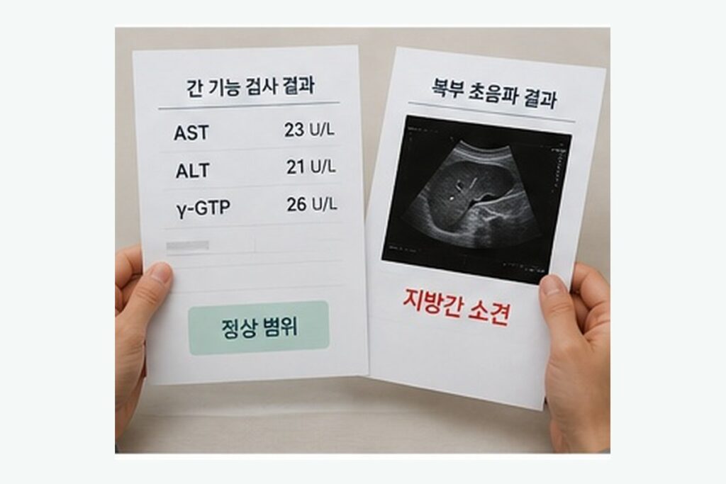 정상 간수치 결과지와 지방간 초음파 소견을 함께 비교하는 장면