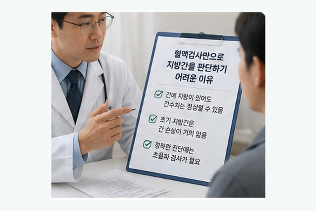 혈액검사만으로 지방간을 판단하기 어려운 이유를 설명하는 의사