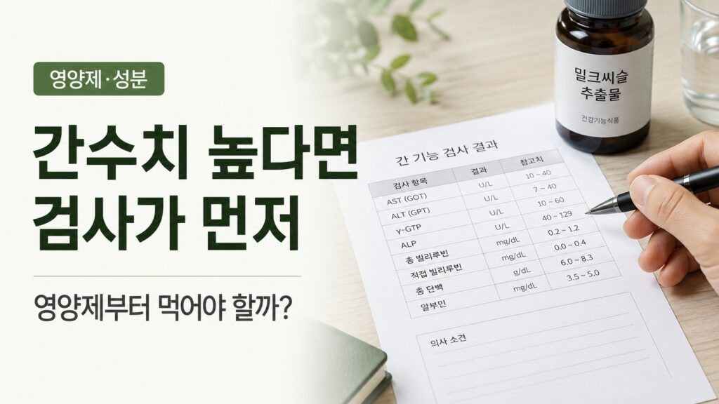 간 영양제 구매보다 혈액검사와 초음파 확인을 먼저 안내하는 진료 장면