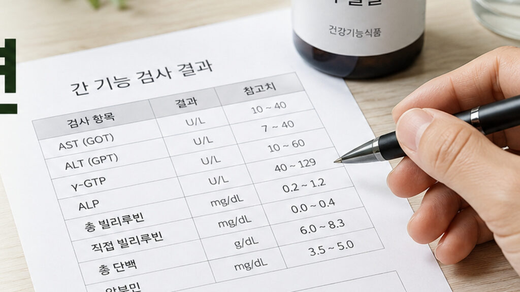 간수치 변화와 영양제 복용 효과를 의사와 상담하는 장면