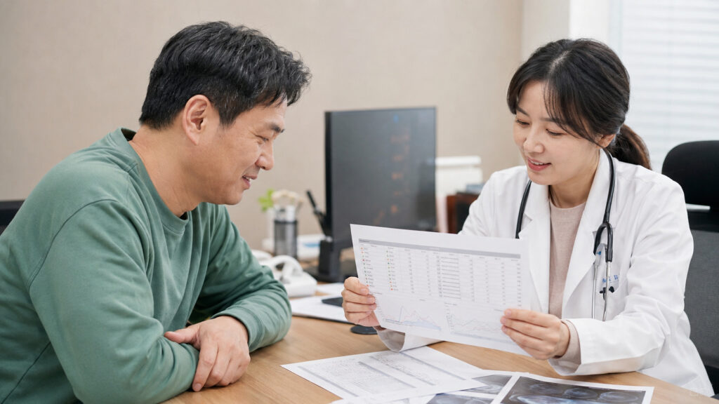 검사 결과를 바탕으로 치료와 영양제 사용을 상담하는 장면